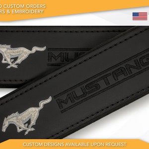 Car Seat Belt Covers Fit Mustang Pony Black Embroidery Vegan Leather Black Shoulder Pads Handmade Custom Gift Idea