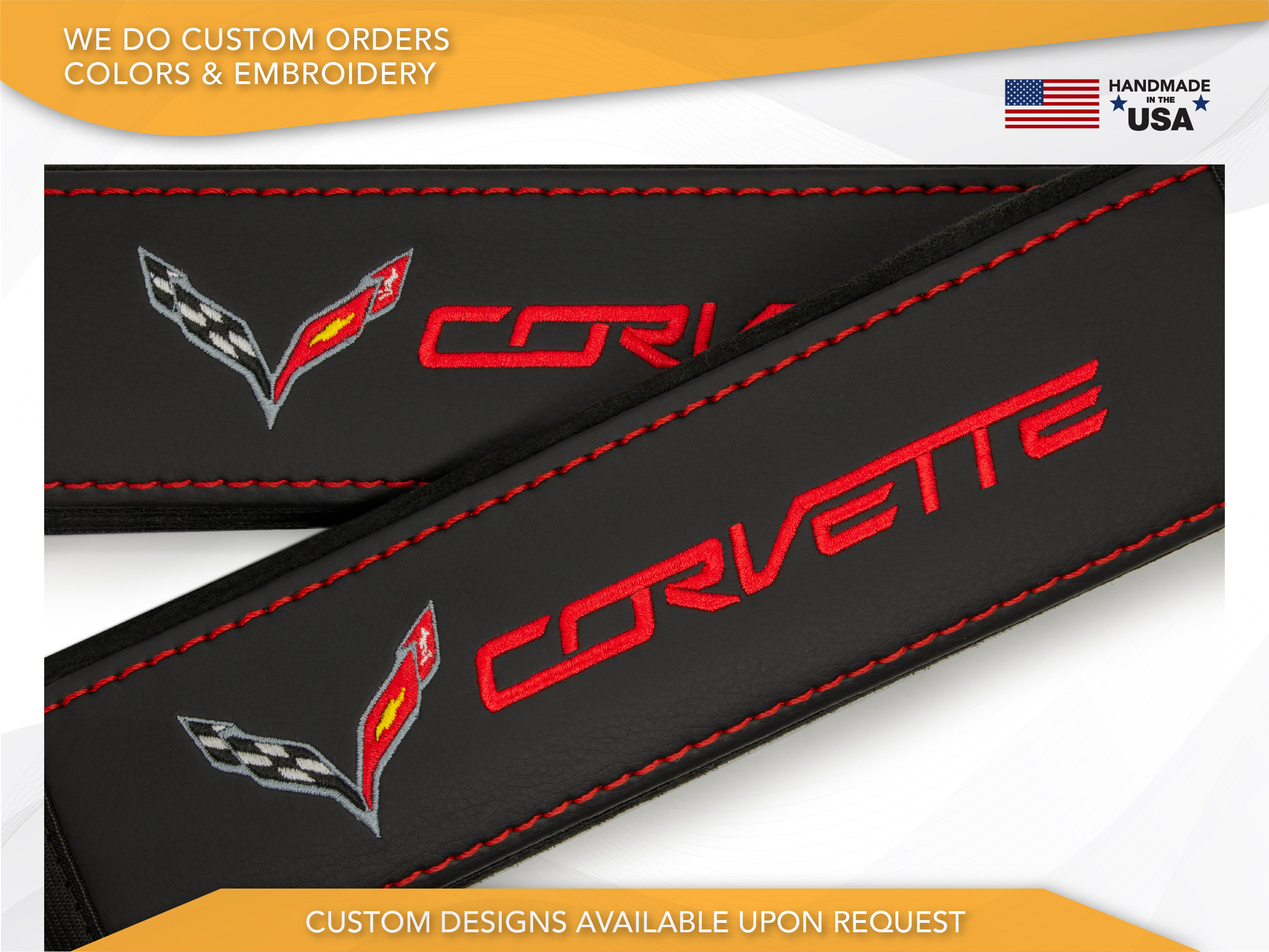 Car Seat Belt Covers Fit Corvette C7 Red Embroidery Vegan Leather