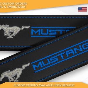 Car Seat Belt Covers Fit Mustang Pony Blue Embroidery Vegan Leather Black Shoulder Pads Handmade Custom Gift Idea