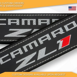 Car Seat Belt Covers Fit Camaro ZL1 Gray Embroidery Vegan Leather Black Shoulder Pads Handmade Custom Gift Idea