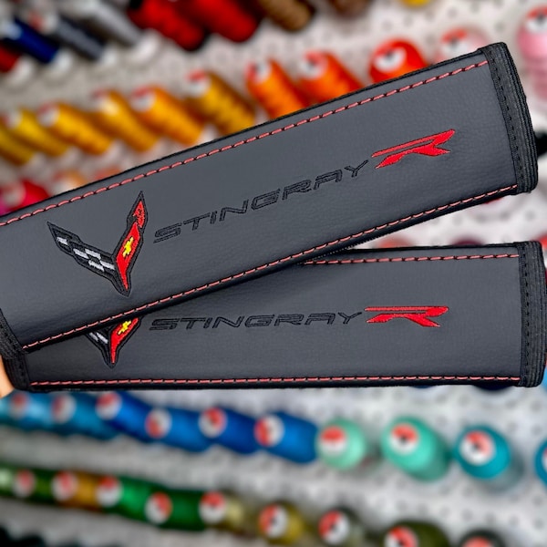 Car Seat Belt Covers Fit Corvette C8 Stingray R Embroidery Vegan Leather Black Shoulder Pads Handmade Custom Gift Idea (Set of 2)