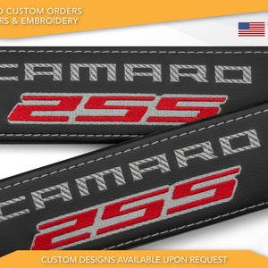 Car Seat Belt Covers Fit Camaro 2SS Gray/Red Embroidery Vegan Leather Black Shoulder Pads Handmade Custom Gift Idea