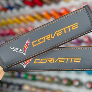 Car Seat Belt Covers Fit Corvette C7 Kalahari Embroidery Vegan Leather Black Shoulder Pads Handmade Custom Gift Idea