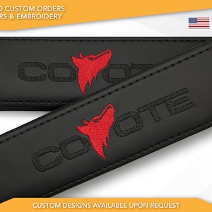 Car Seat Belt Covers Fit Ford Mustang Coyote Black/Red Embroidery Vegan Leather Black Shoulder Pads Handmade Custom Gift Idea
