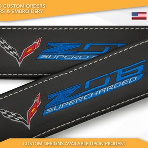 Car Seat Belt Covers Fit C7 Z06 Supercharged Blue Embroidery Vegan Leather Black Shoulder Pads Handmade Custom Gift Idea