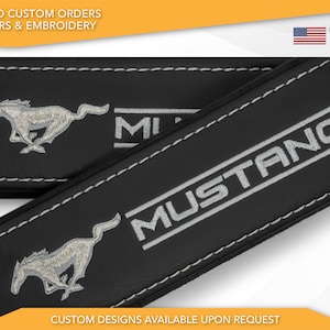 Car Seat Belt Covers Fit Mustang Pony Gray Embroidery Vegan Leather Black Shoulder Pads Handmade Custom Gift Idea