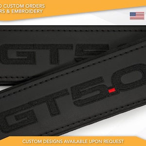 Car Seat Belt Covers Fit Mustang GT 5.0 Black Embroidery Vegan Leather Black Shoulder Pads Handmade Custom Gift Idea