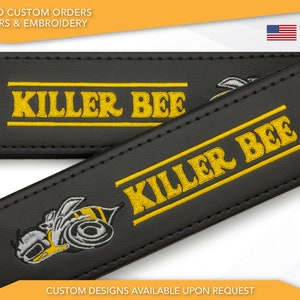 Car Seat Belt Covers Fit Killer Bee Yellow Embroidery Vegan Leather Black Shoulder Pads Handmade Custom Gift Idea