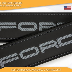 Car Seat Belt Covers Fit Ford Super Duty Gray Embroidery Vegan Leather Black Shoulder Pads Handmade Custom Gift Idea