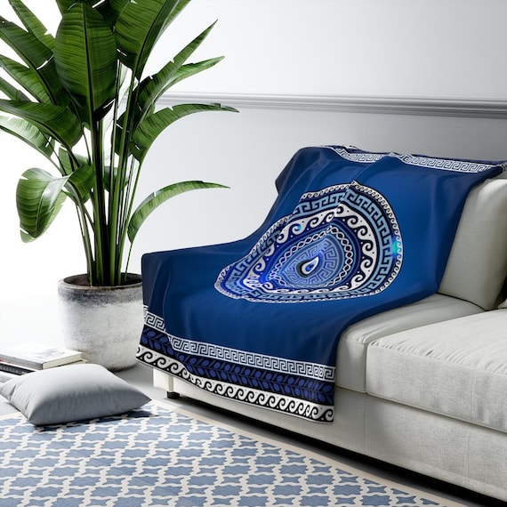 Mati Evil Eye Greek Key Pattern Sherpa Fleece Blanket Etsy