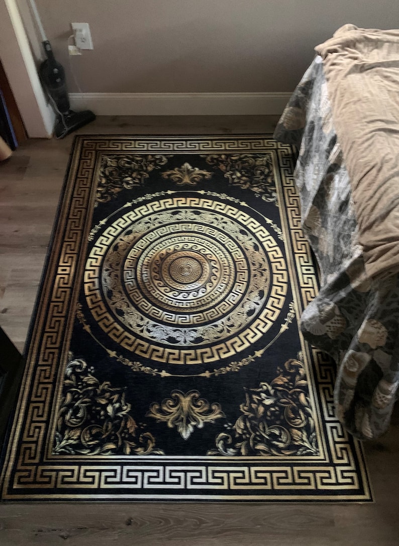 Greek Key Gold Rug Greek Key Black & Gold Ornate Baroque Area Rugs - Etsy