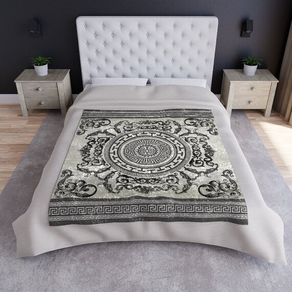 Greek Key Gray Cream Crushed Velvet Blanket Etsy