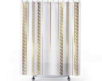 White Gold Greek Key Shower Curtain