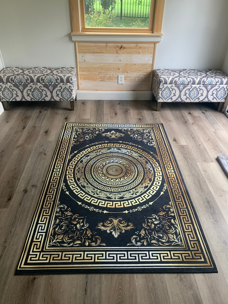 Greek Key Gold Rug Greek Key Black & Gold Ornate Baroque Area Rugs - Etsy