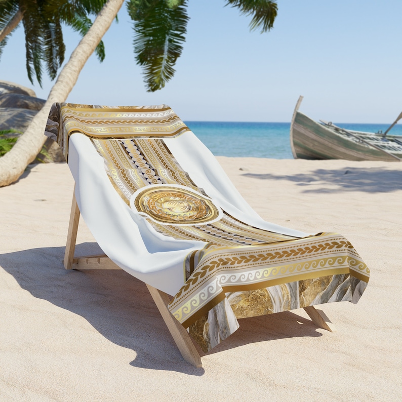 Greek Key White Gold Greek Key Beach Towel - Etsy