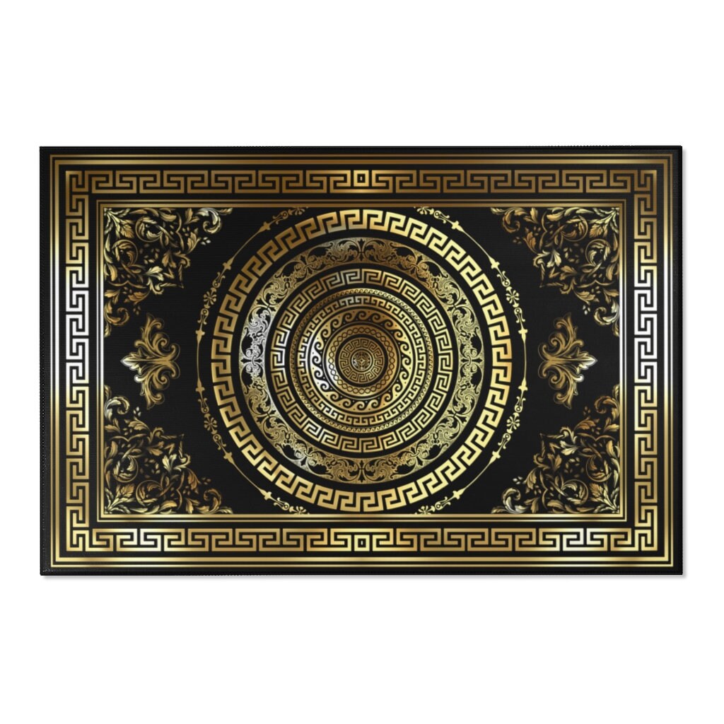 Greek Key Gold Rug Greek Key Black & Gold Ornate Baroque Area Rugs - Etsy