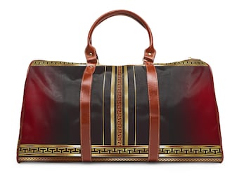 Greek Key Red Black Gold Waterproof Travel Bag