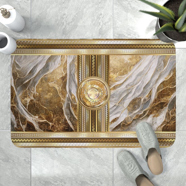 Greek Key Gold White Swirls Memory Foam Bath Mat
