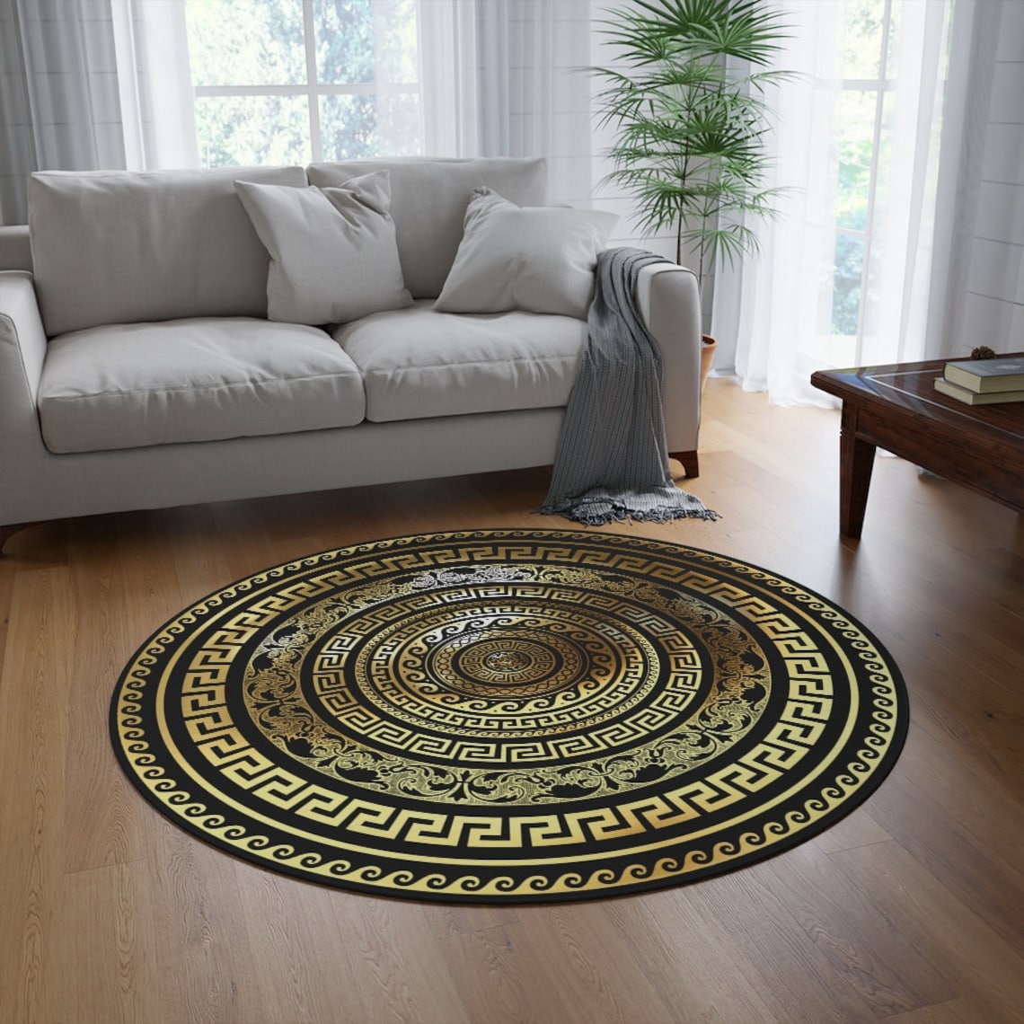 Greek Key Black Gold Round Rug Etsy