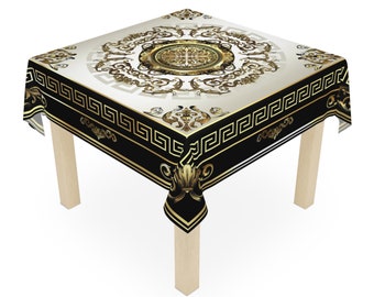 Greek Key Black Gold Cream Baroque Tablecloth