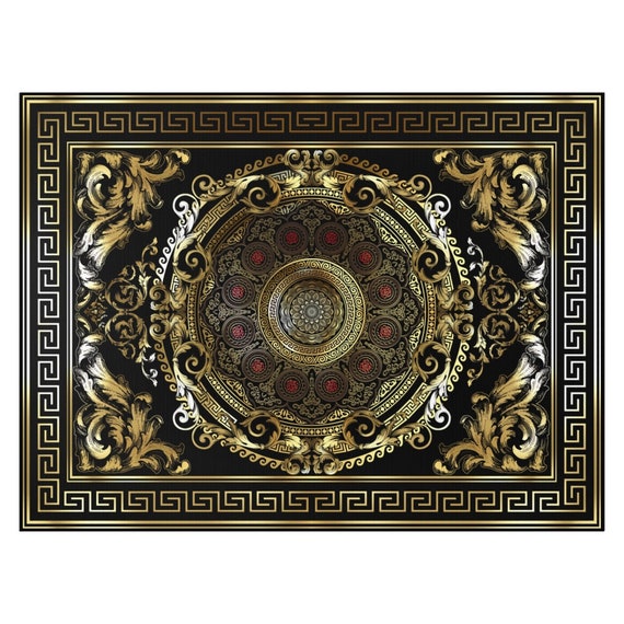 Ornate Baroque Greek Key Black Gold Red Medallion Dornier Rug | Etsy