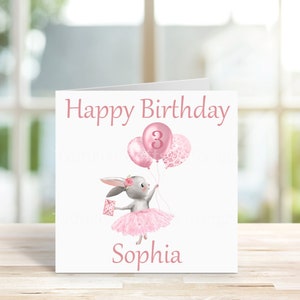 Personalised Girls 3rd birthday Card, 2 Sizes, Third Birthday, Rabbit and Balloons, Birthday Card, Greetings Card. bild 3