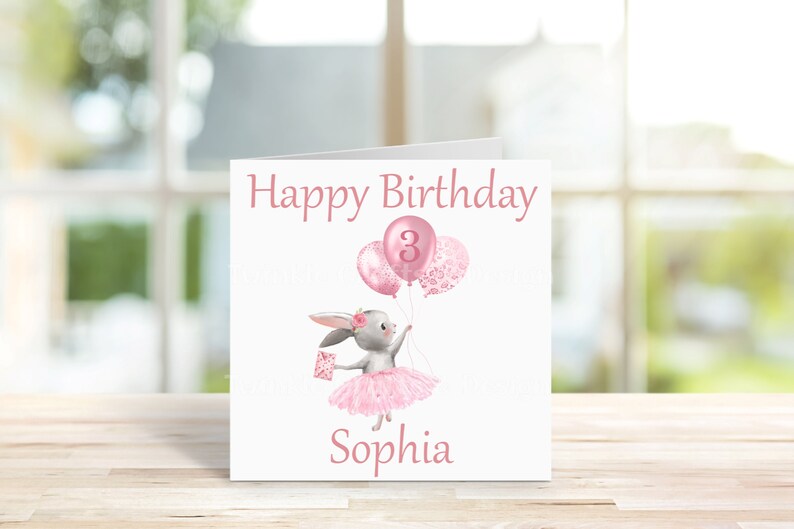 Personalised Girls 3rd birthday Card, 2 Sizes, Third Birthday, Rabbit and Balloons, Birthday Card, Greetings Card. bild 3
