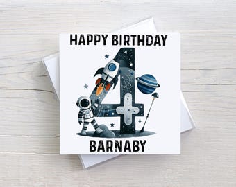 Personalised Space Birthday Card with Name and Age, Rocket Astronaut Card for Boys, Next Day Dispatch