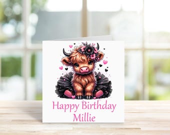 Personalised Girls Birthday Card – Cute Highland Cow Design