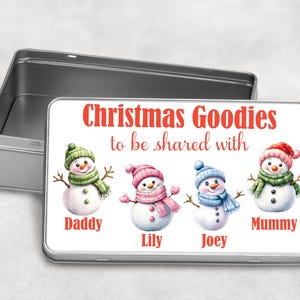 Personalised Snowman Tin – Custom Christmas Treat Tin – Family Snowman Design – Christmas Gift Box for Sweets, Biscuits & Keepsakes