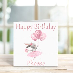 Personalised Girls 3rd birthday Card, 2 Sizes, Third Birthday, Rabbit and Balloons, Birthday Card, Greetings Card. bild 4