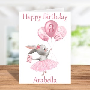 Personalised Girls 3rd birthday Card, 2 Sizes, Third Birthday, Rabbit and Balloons, Birthday Card, Greetings Card. bild 2