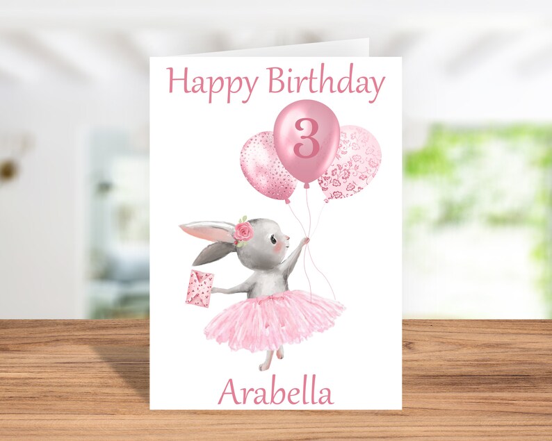 Personalised Girls 3rd birthday Card, 2 Sizes, Third Birthday, Rabbit and Balloons, Birthday Card, Greetings Card. bild 2