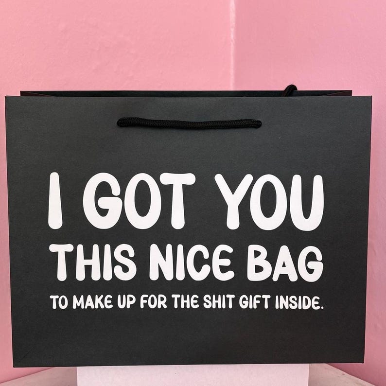 May include: A black rectangular gift bag with black cord handles. The front features white text that reads: I GOT YOU THIS NICE BAG TO MAKE UP FOR THE SHIT GIFT INSIDE. The bag has a matte finish and a clean, structured design for holding items.