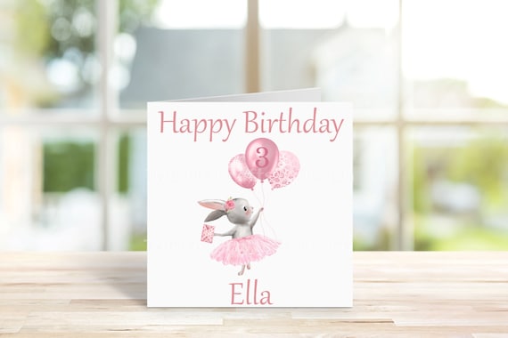 Personalised Girls 3rd birthday Card, 2 Sizes, Third Birthday, Rabbit and Balloons, Birthday Card, Greetings Card.
