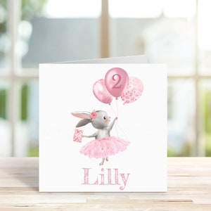 Personalised Girls 2nd birthday Card, 2 Sizes, Second Birthday, Rabbit and Balloons, Birthday Card, Greetings Card. image 1