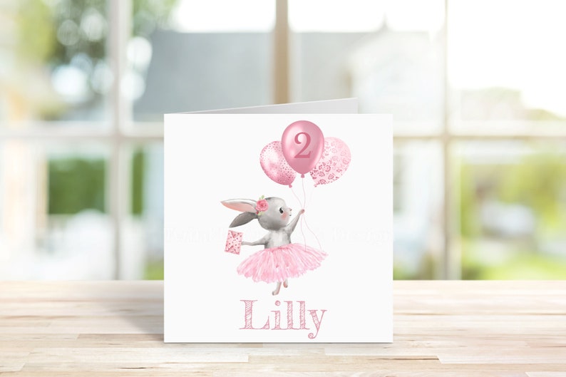Personalised Girls 2nd birthday Card, 2 Sizes, Second Birthday, Rabbit and Balloons, Birthday Card, Greetings Card. image 1