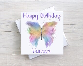 NEXT DAY DISPATCH - Personalised Butterfly Birthday Card - Rainbow Butterfly Card For Her - Custom Name Birthday Card