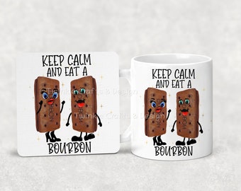 Keep Calm and eat a Bourbon , Biscuit Mug, Coaster, Set. Custard Cream, Funny Mug, Gift For Him, Gift For Her