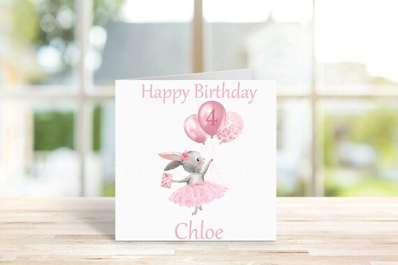 Personalised Girls 4th birthday Card, Fourth Birthday,  2 Sizes , Rabbit and Balloons, Birthday Card, Greetings Card.