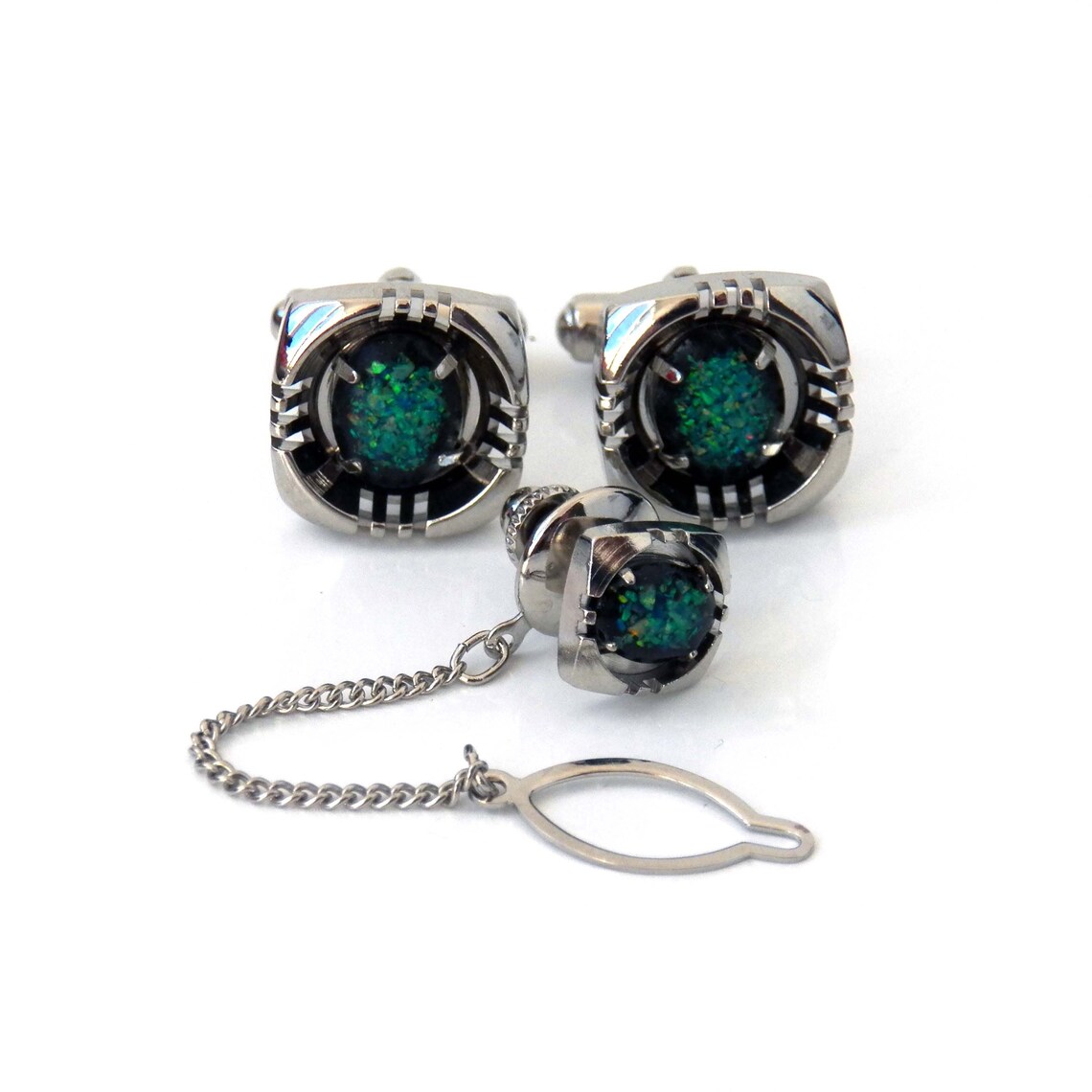 Opal Cufflinks and Tie Tack Pin Set Vintage Men's Jewelry Etsy