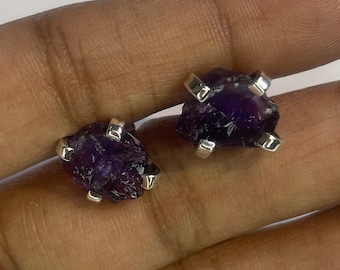 Raw Amethyst Studs / 925 Sterling Silver / Prong Stud Earrings / February Birthstone Studs / Handmade Jewelry / Birthday Gift for Her