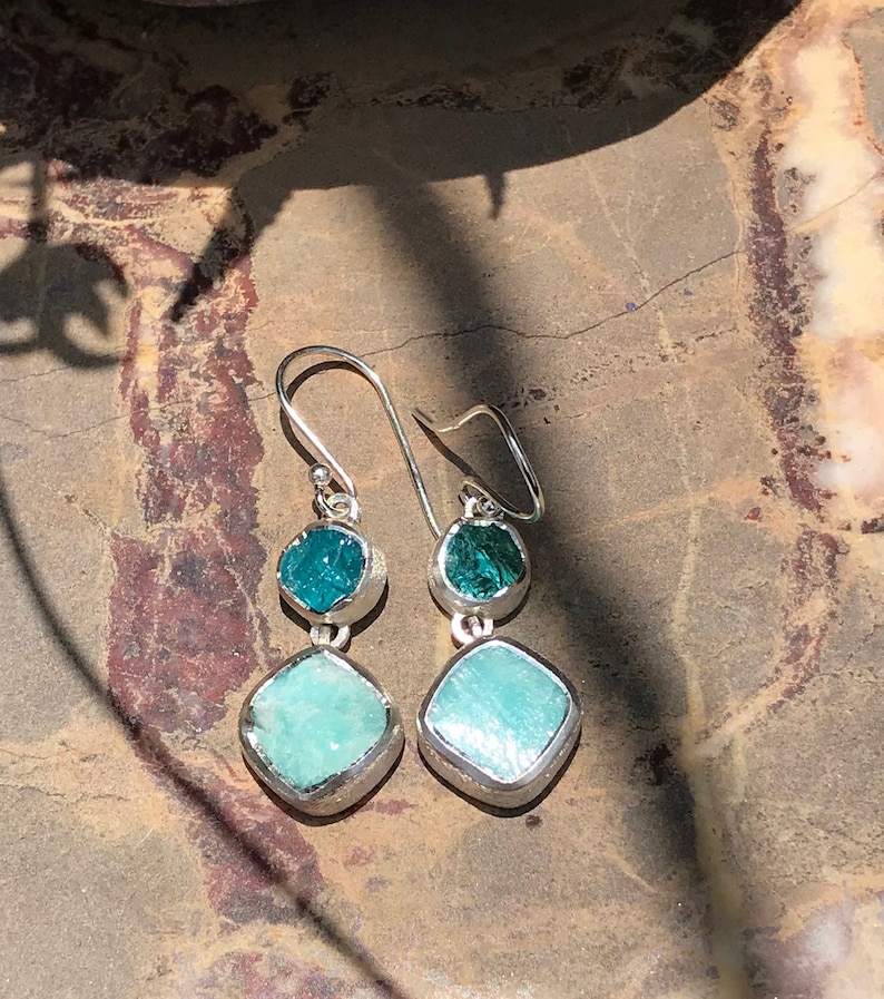 Raw Apatite and Amazonite Delicate Raw Stone Earrings Healing Stone Earrings Raw Stone Jewelry Raw Blue Crystal Long Earrings
