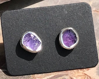 Raw Amethyst Sterling Silver Studs Gemstone 925 Silver Handmade Stud Earrings Minimalist Jewelry