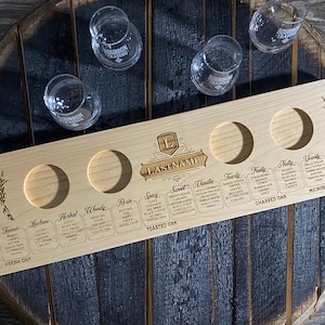 May include: A wooden bourbon tasting flight board with four circular cutouts for glasses. The board has engraved text detailing flavor profiles and a space for a last name. Four clear glasses with "BOURBON TRAINING" printed on them are included.