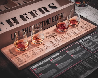 Kit de cata de bourbon BTCo: tabla de vuelo personalizada con logotipo grabado + vasos para whisky Spey