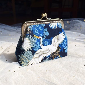 Blue white coin purse, Japanese coin purse, Japanese wallet, in crane print cotton fabric