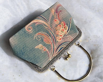 Green blu silk bag,wedding bag,green woman bag,cross body bag,Japanese bag,flower bag,clic clac bag,green evening bag,blu clutch,elegant bag