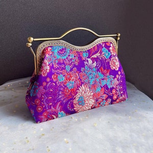 Purple Handbag,purple blue Shoulder Bag, Evening Bag, Japanese Flower Print,wedding bag.silk feel bag.flower peony.