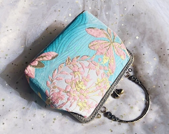 Evening bag, Shoulder bag, green pink evening bag, handmade, japanese flower bag